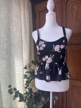 Express Black Floral Peplum Cami with Pink Blooms